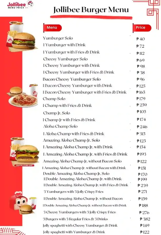 Jollibee burger menu card